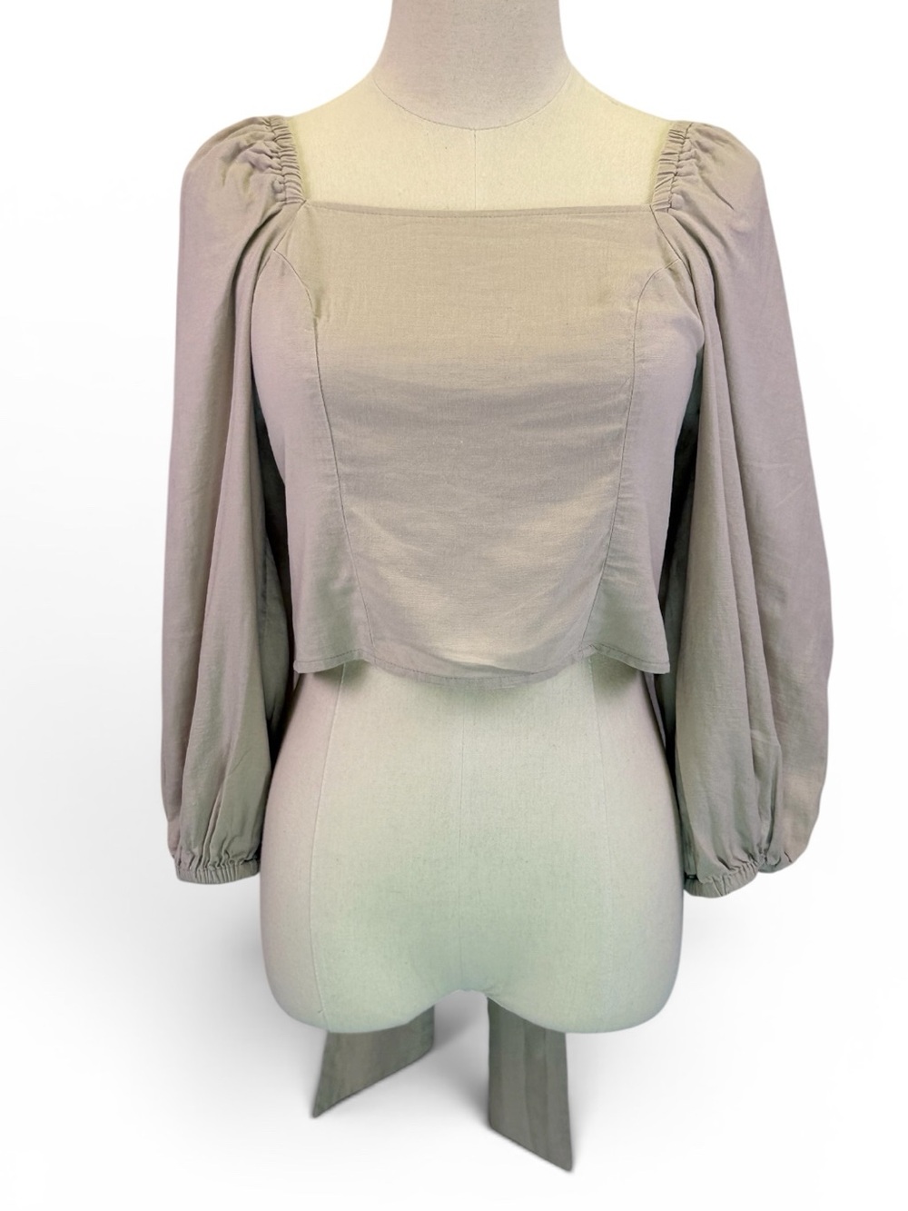 Express Women Tan Linen Blend Top 3/4 Sleeve Back Tie Cropped Fit Size S